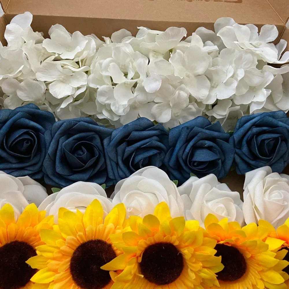 20 Count | Blue Hydrangeas White Rose Sunflower Bouquet Centerpiece Wedding New